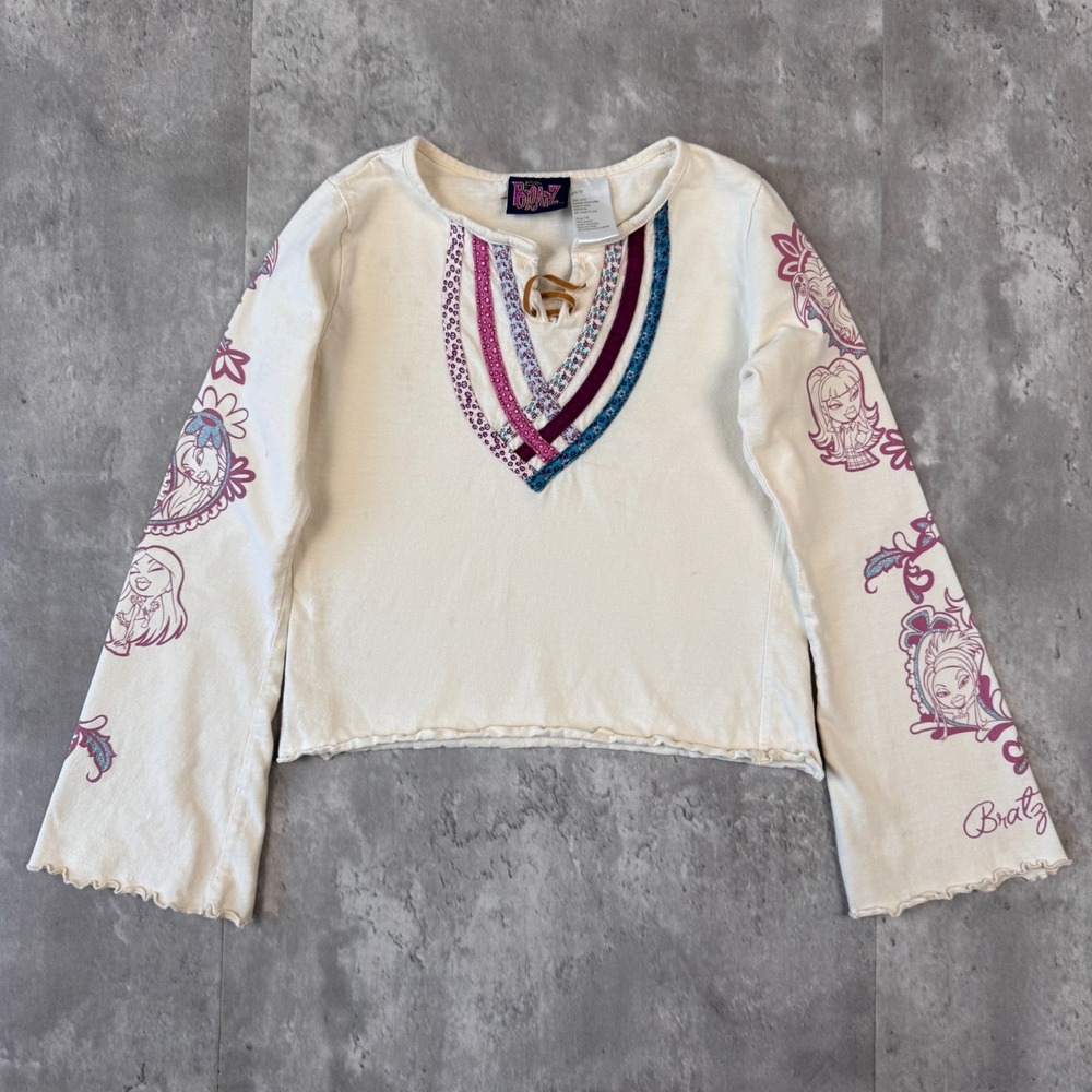 Vintage Bratz Y2K Long Sleeve Crop Top Girls 7/8 Cream Lace Up Graphic Sleeves